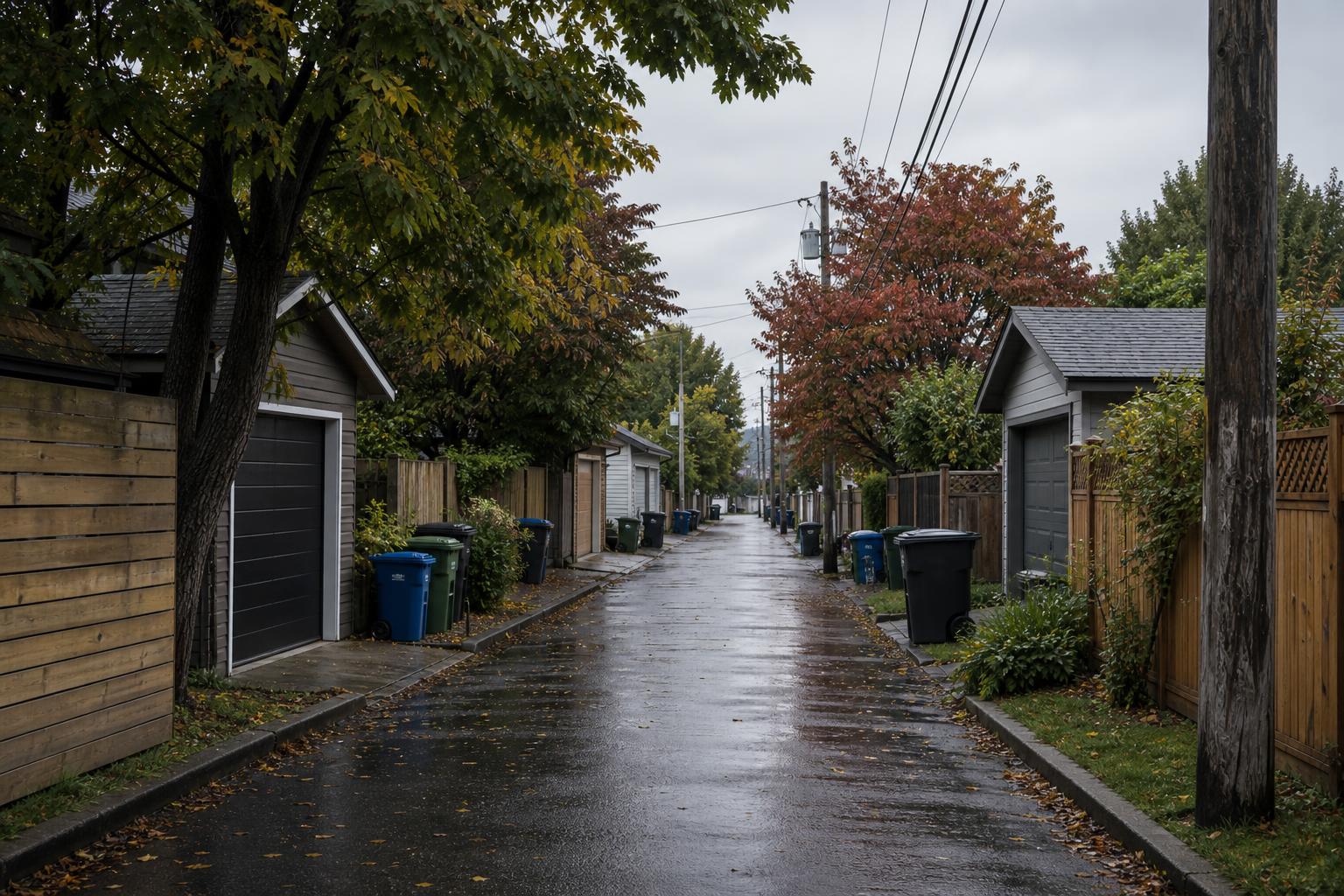 Wet residential alley on an overcast day, lined with garages, fences, trees, and utility poles.